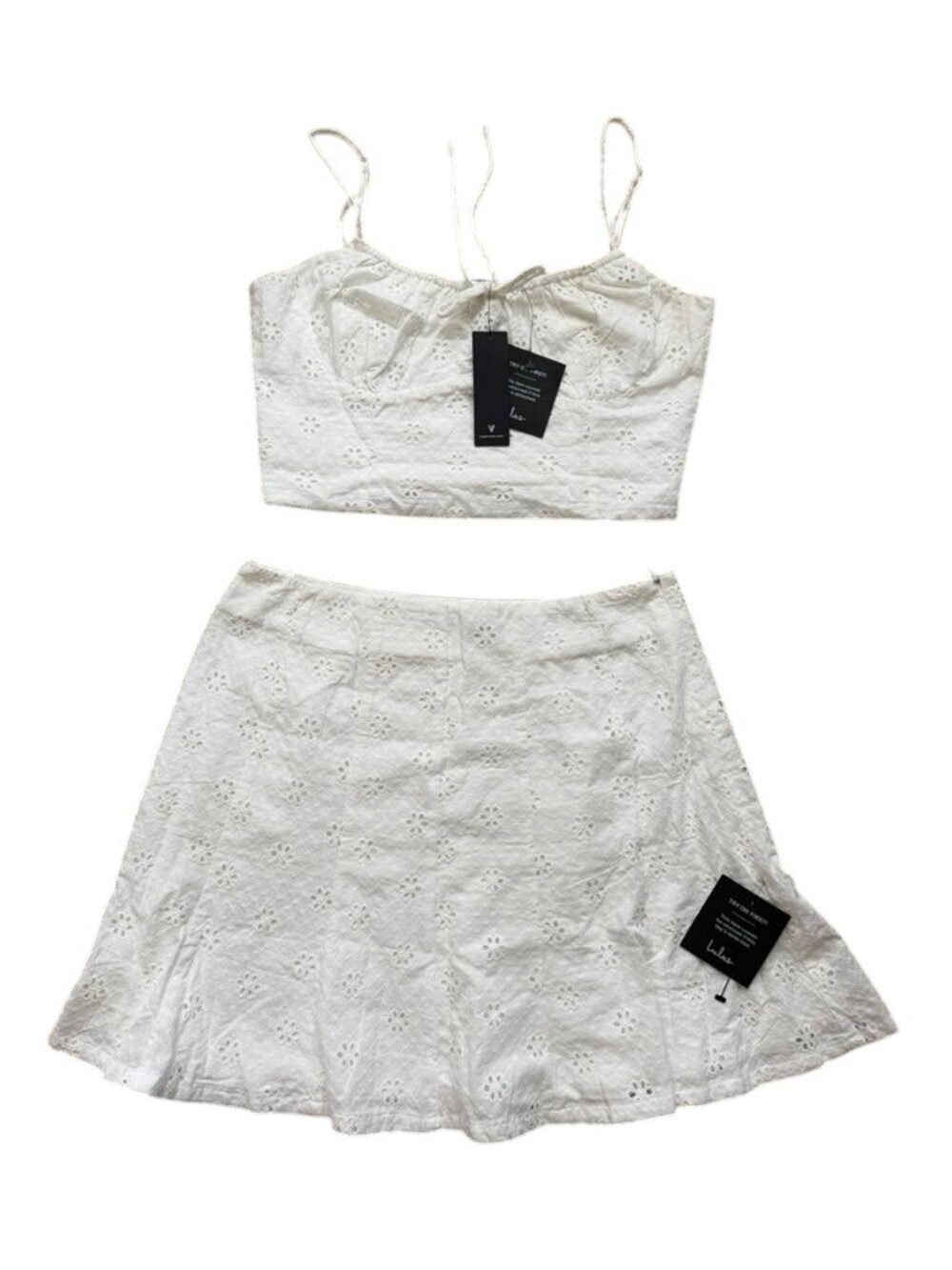 Lulus Eyelet Cotton 2 Piece Set Womens L White Crop Top Mini Skirt NWT Summer